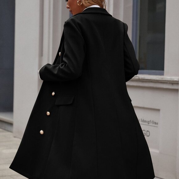 Black Casual Womens Lapel Neck Double Breasted Overcoat - Picture 2 of 5